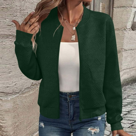 Womens Jackets Full Zip Long Sleeve Outwear Tops Fashion Casual Round Neck Hoodless Jacket Fall Winter Fleece Sweatshirts Outfits with Pocket