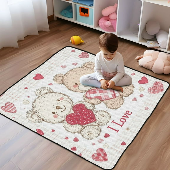 WOBOGO Valentine Teddy Bear Baby Playmats Extra Large Waterproof Rollable Activity Pads for Toddlers 50×50inch