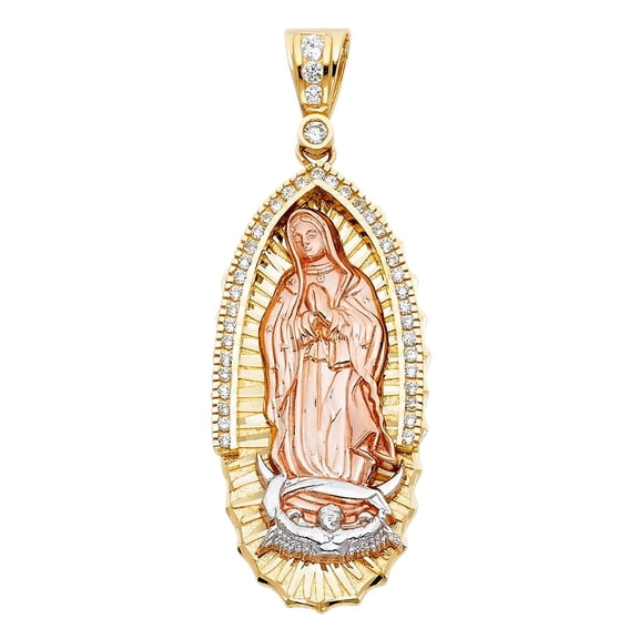 14K 3C Gold Cubic Zirconia Religious Guadalupe Pendant | Tri Color Gold Charm Pendant for Necklace Chain | Gift for Men Women | 55 x 27 MM | 20.4 grams