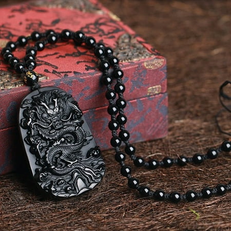 Carved Obsidian - Natural Black Obsidian Hand Carved Dragon Lucky Blessing Beads Pendant Necklace
