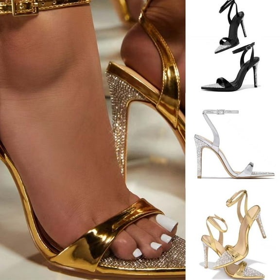 Jacenvly 2024 New Women's Casual Sandals Fashion Party Bright Diamond Heels Black Sandals for Women