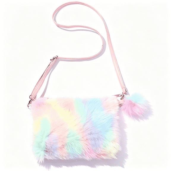 AOMRCOL Kids Girls Fluffy Crossbody Purse Fuzzy Bag Plush Tie Dye Rainbow Shoulder Bag Handbag Wallet
