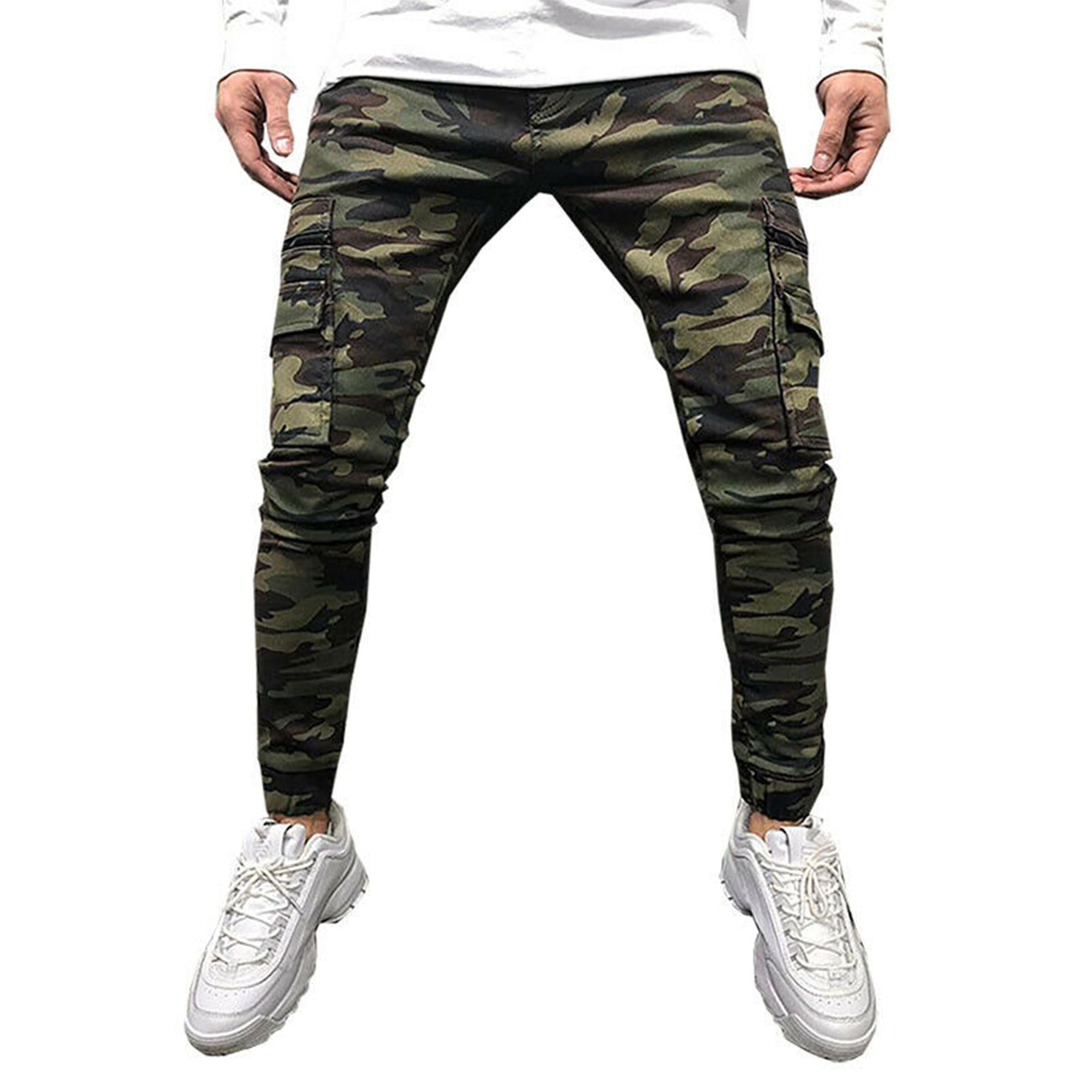 KAMAMEN Mens Camo Combat Pockets Jeans Slim Fit Skinny Denim Pants Casual  Military Tactical Cargo Trousers Army Green 30  Walmartcom