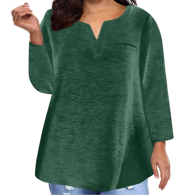 Yuyuzo Plus Size Tops for Women Long Sleeve Notch V Neck Solid Color Shirts Comfy Plain Basic Tees
