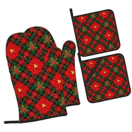 

Fotbe Christmas Plaid Flower for 4Pcs Oven Mitts and Pot Holders 500℉ Heat Resistant Oven Mitts Non-Slip Silicone Surface Safe for Baking Cooking BBQ