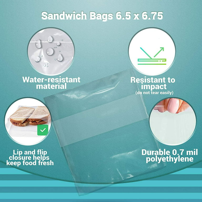 APQ Plastic Sandwich Bags with Flip Top and Lip, 6.5 x 7.5 Inch, Pack of  2000 Clear Fold Top Sandwich Baggies, 0.7 mil Thick Polyethylene