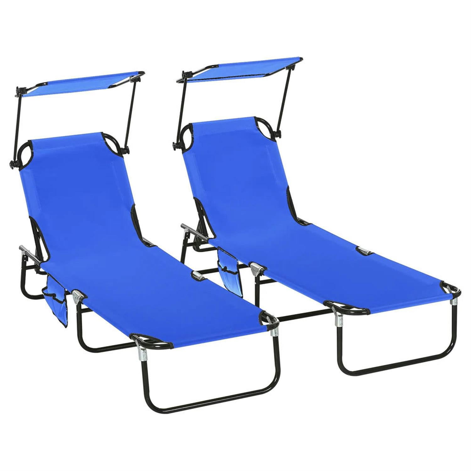 Demi Bonn Folding Pool Chaise Lounge Chairs Set of 2 with Sunshade, Reclining Back, Durable Steel Frame Relaxation, Weatherproof Outdoor Patio Seating, Blue