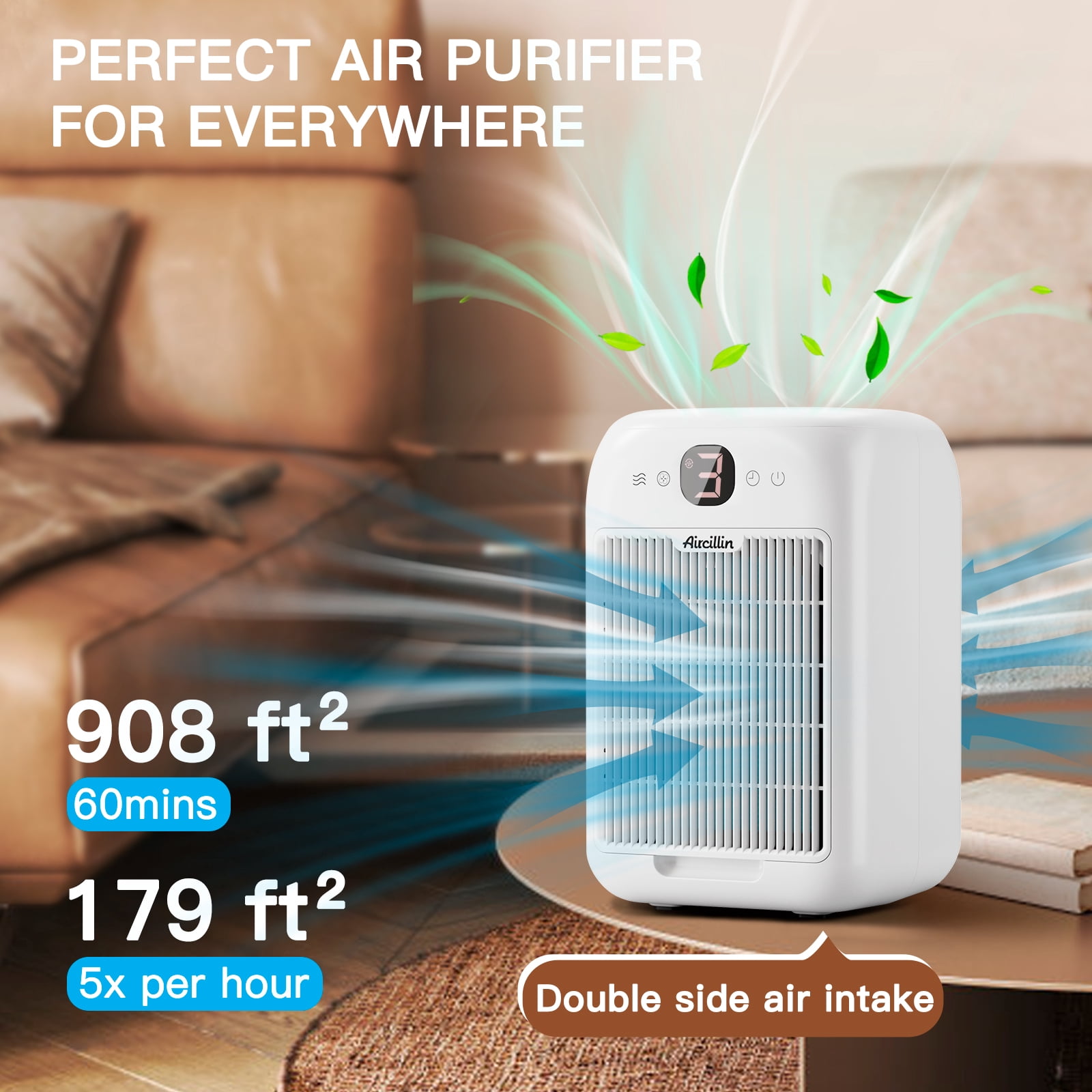 Aircillin AP1501 Quiet Air Purifier 908 Sq ft, HEPA Filter, White