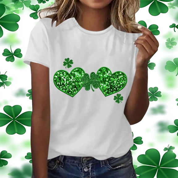 Yxbdin Sequin St Patricks Day T Shirts for Women Clover Printed Short Sleeve Tee Holiday Shamrock Crew Neck Tops White L