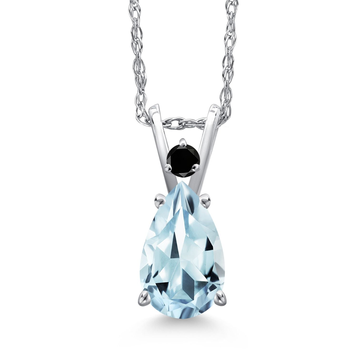 Gem Stone King 14K White Gold Sky Blue Aquamarine and Black Diamond Pendant Necklace for Women | 1.18 Cttw | Gemstone March Birthstone | Pear Shape 9X6MM | With 18 inch Chain