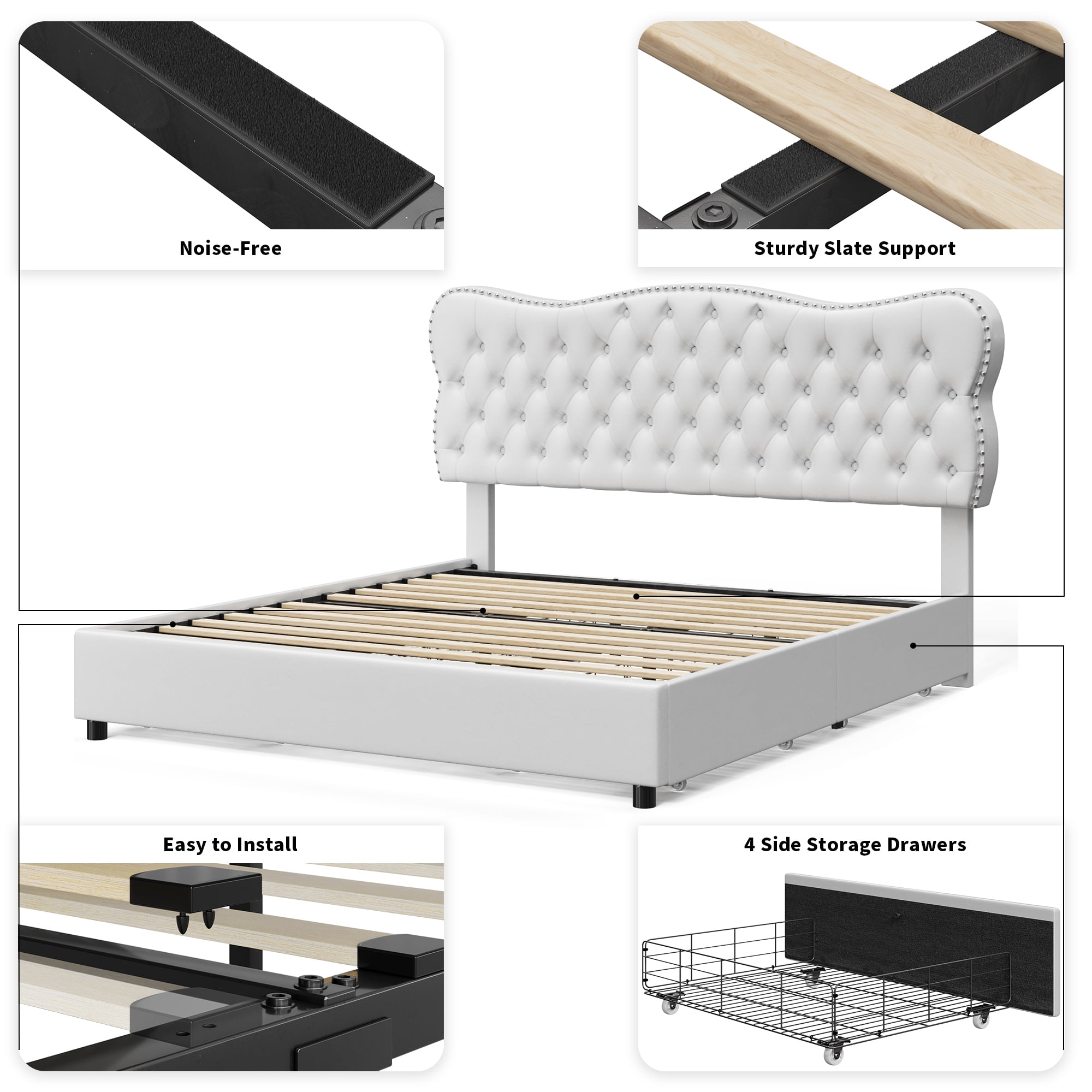 Homfa White King Bed Frame with Drawer, PU Leather Upholstered Storage  Platform Bed Frame with Button Tufted Headboard, Noise Free