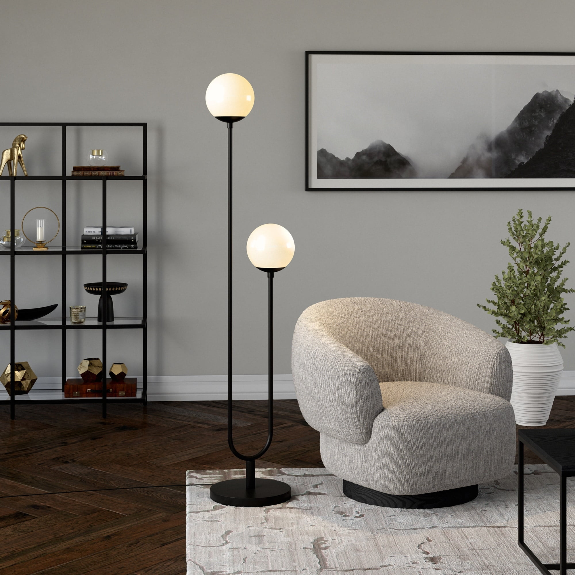 Evelyn&Zoe Dufrene 2-Light Floor Lamp with Glass Shades, Brass/White Milk