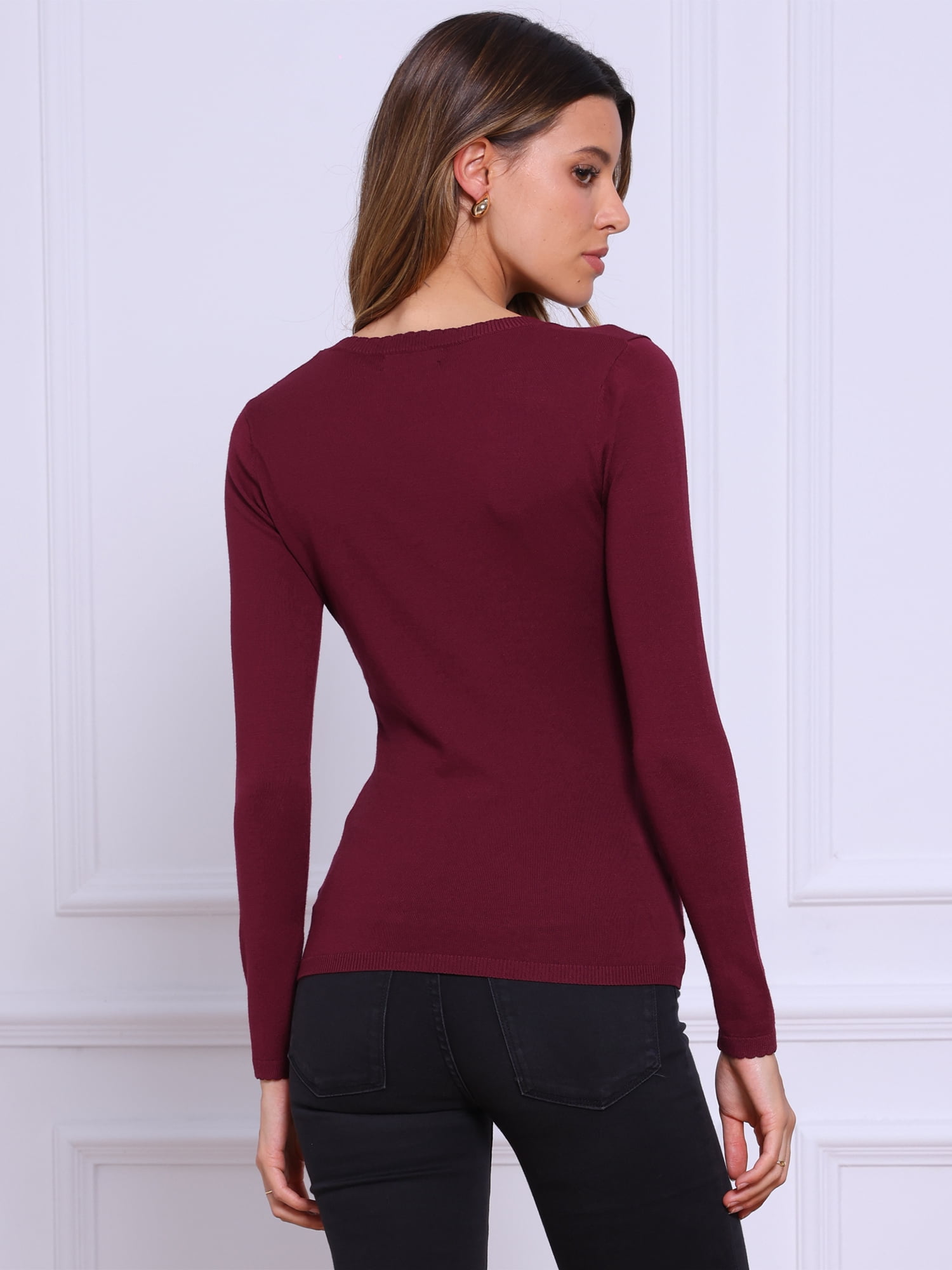 DARING DIVA Women's Square Neck Long Sleeve Ribbed Knit Cute Top Shirts S Deep Red