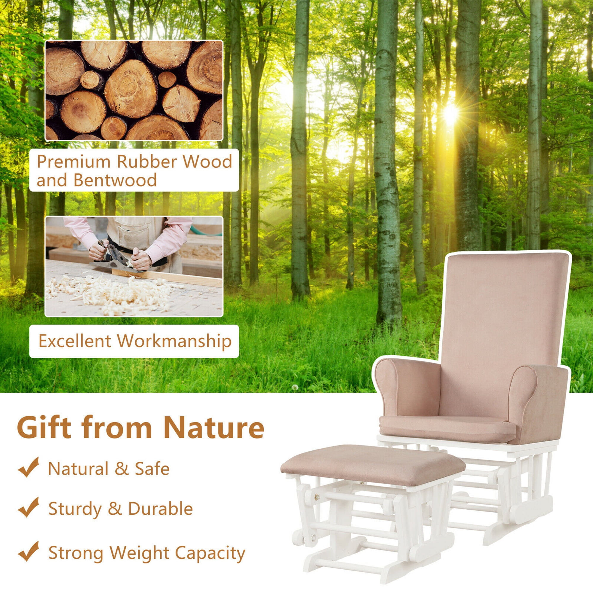 Gymax Glider and Ottoman Cushion Set Wooden Baby Nursery Rocking Chair Pink
