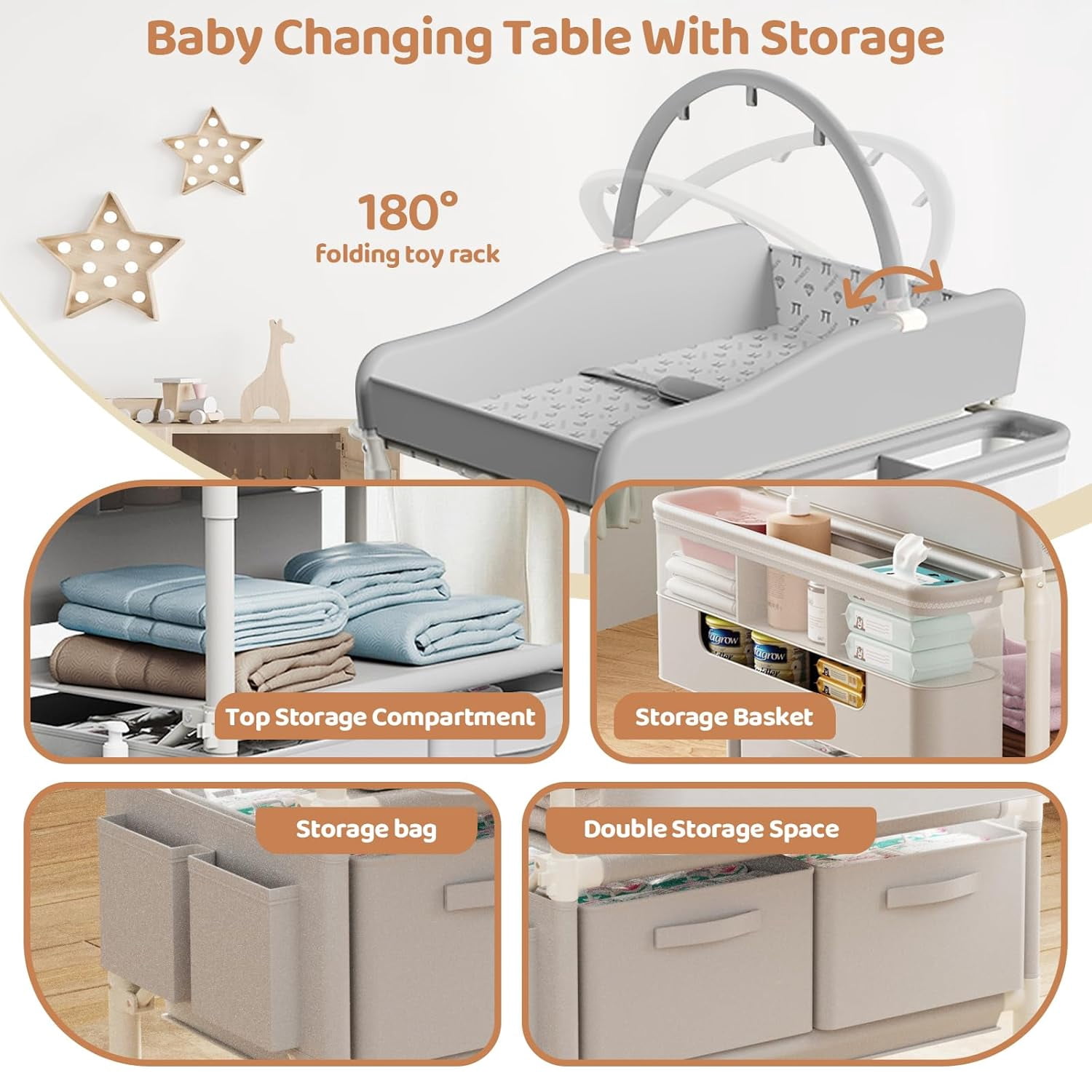 Multifunctional folding changing table with 2 drawers, portable baby changing station, includes toy shelf, mobile changing table and newborn compartment, height adjustable.