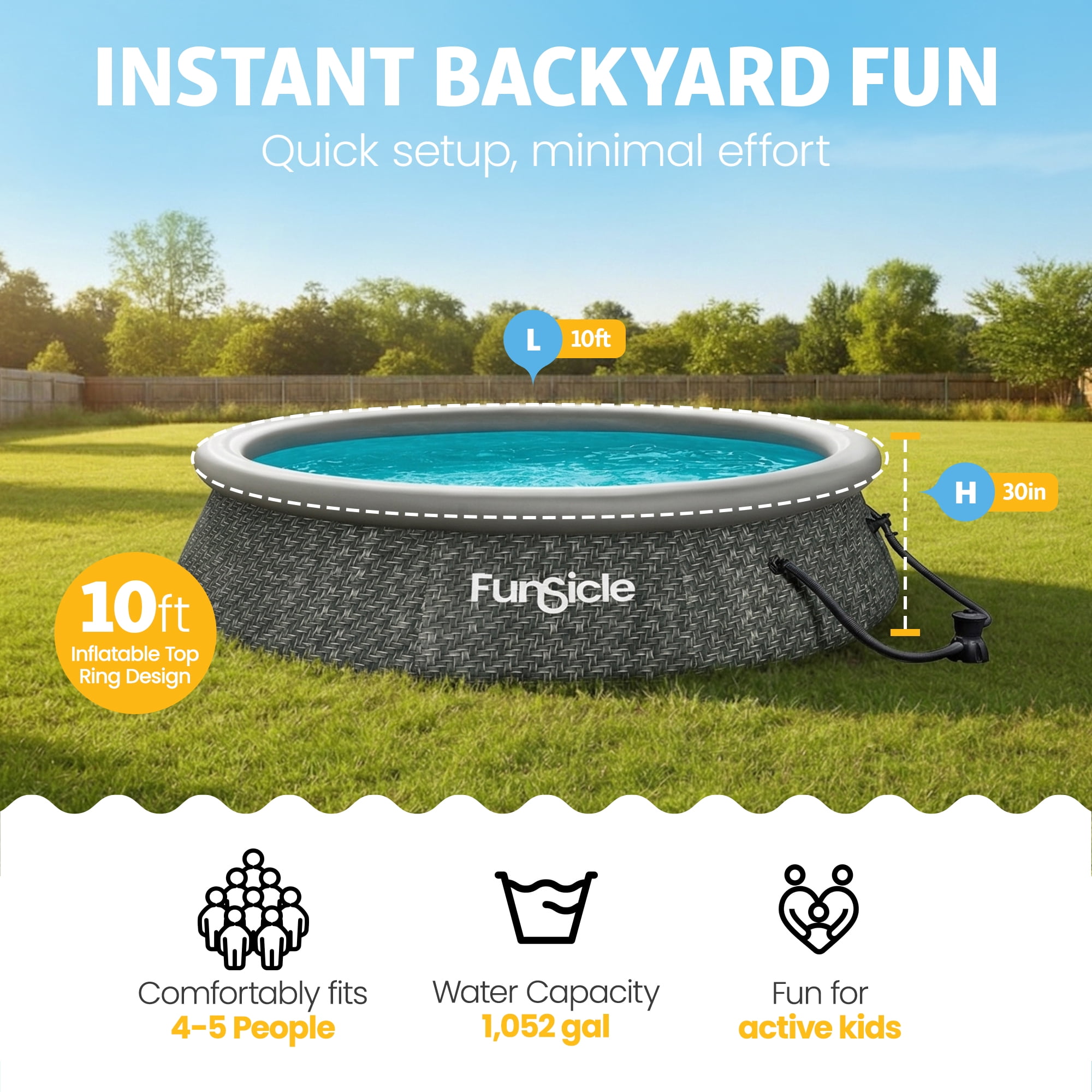 Funsicle Quickset 10’ x 30” Round Inflatable Top Ring Above Ground Swimming Pool Set