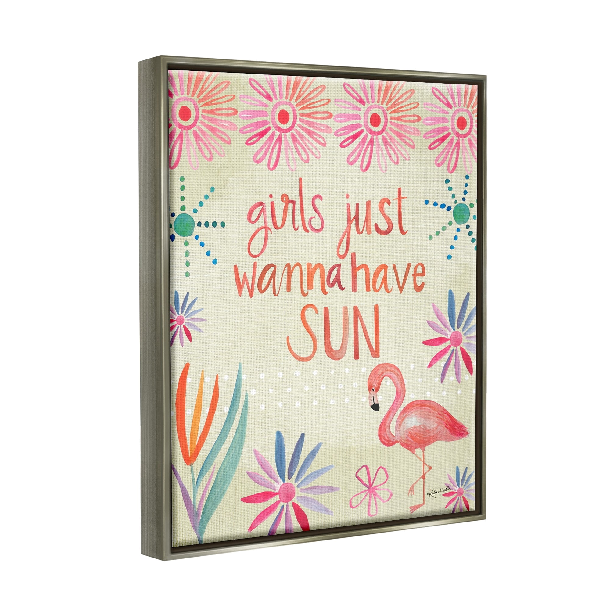 Stupell Industries Girls Wanna Have Sun Tropical Summer Floral Pattern Graphic Art Luster Gray Floating Framed Canvas Print Wall Art, Design by Katie Doucette