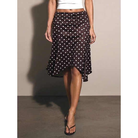 Womens Multicolor Polka Dot Asymmetrical Ruched High-Low Flowing Midi Skirt, Boho Elegant Summer Vacation Skirt