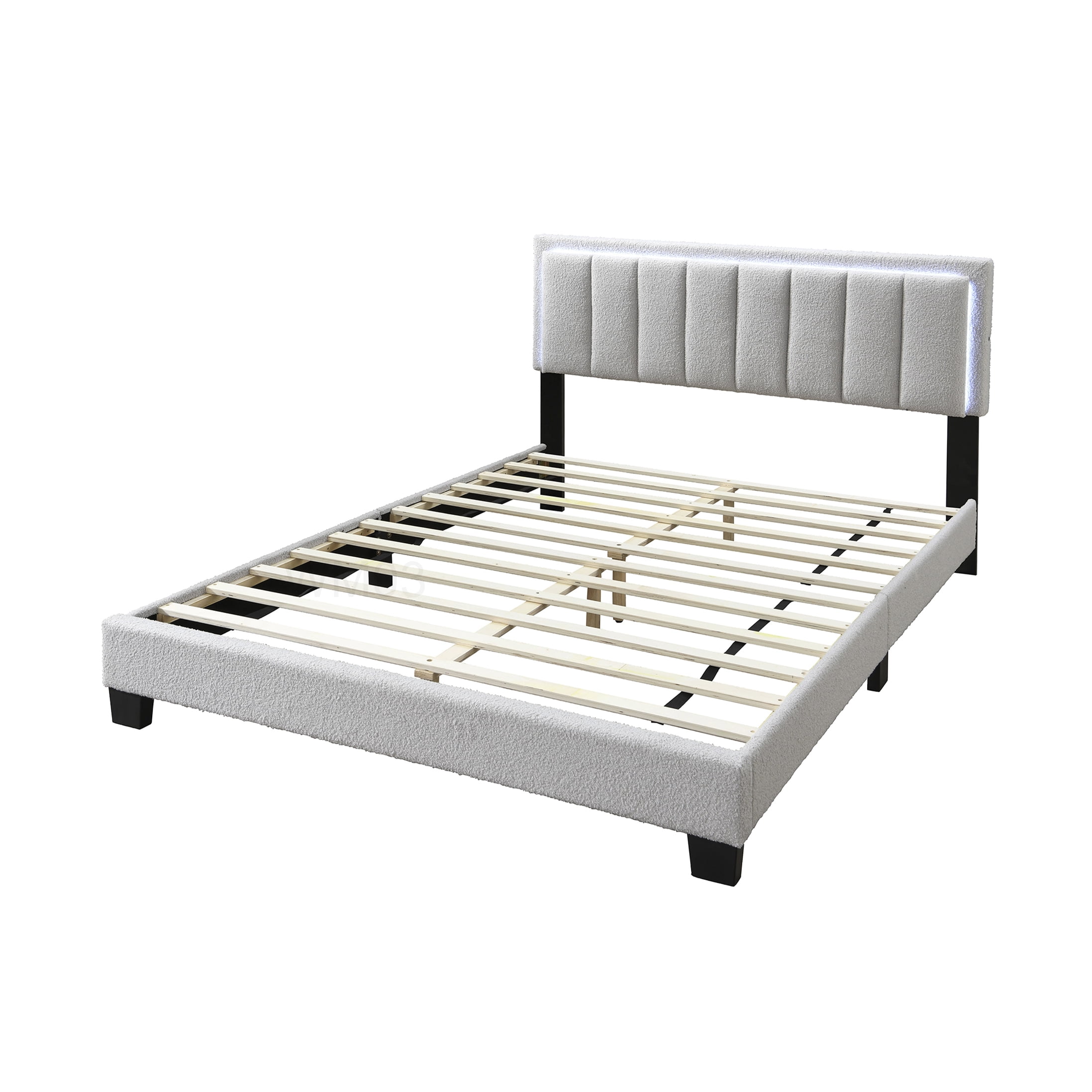 Modern Light Gray Upholstered Queen Bed with LED Lights, Channel Tufted Headboard Platform Bed Frame, No Box Spring Required