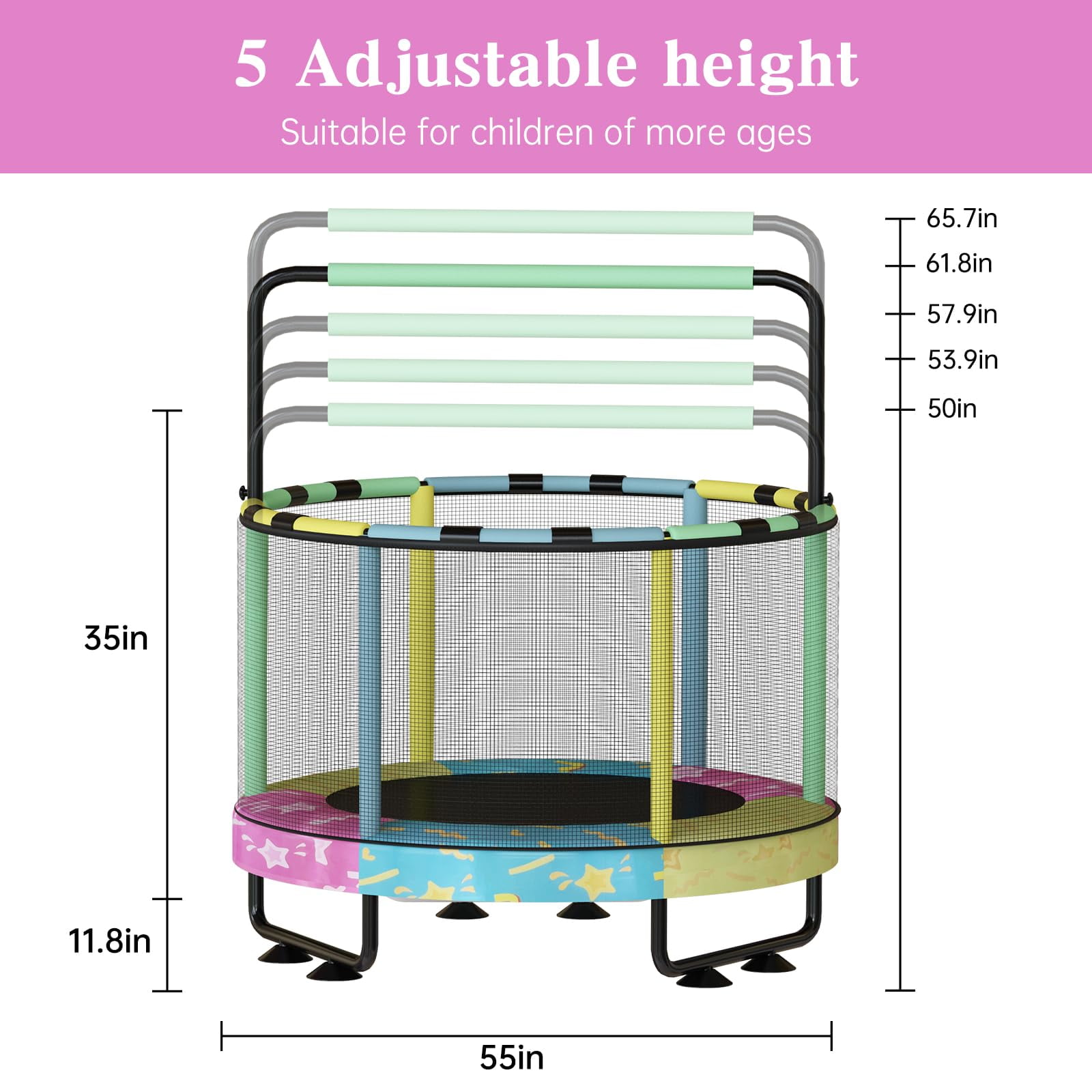 MOOSENG Round Kids Trampoline, Bouncing Trampoline with Safety Enclosure Net, Adjustable Height Handrail, 500lbs Capacity, Designs for Boys & Girls, 7-in-1, 55” (Colorful Star）