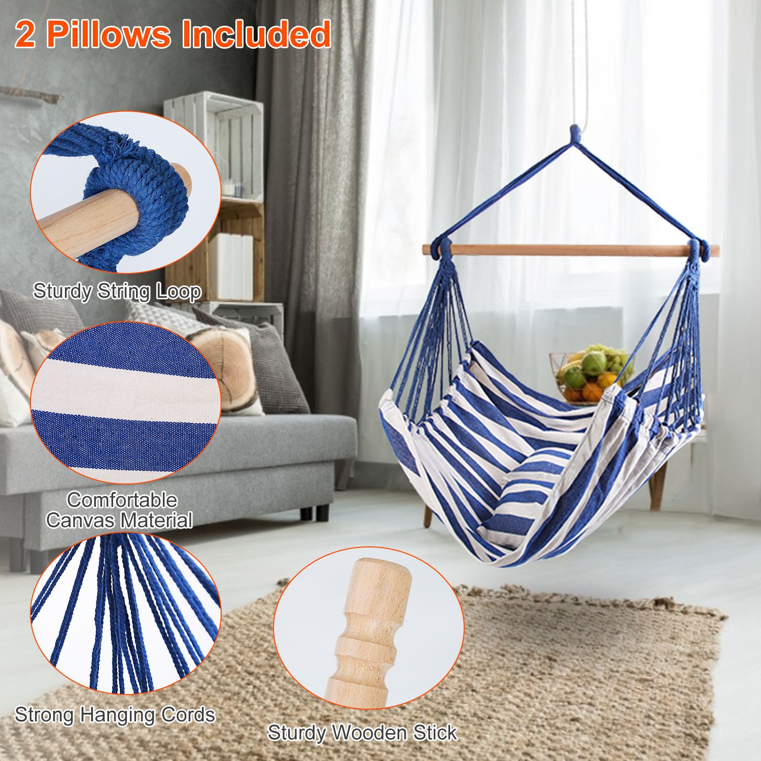 iMountek Hanging Chair Canvas Porch Patio Swing Seat, Portable Camping Rope Seat Wooden Stick Hammock Chair, Blue
