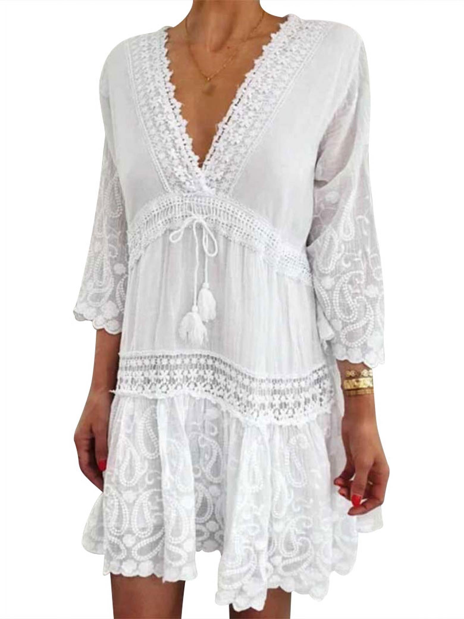 ZXZY Women Floral Printed Lace V Neck 3/4 Sleeves Beach Mini Dress 