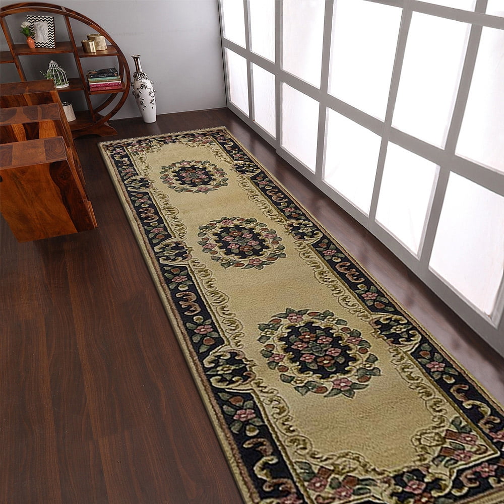 Ivory and Blue Hand-Knotted Wool Oriental Runner Rug