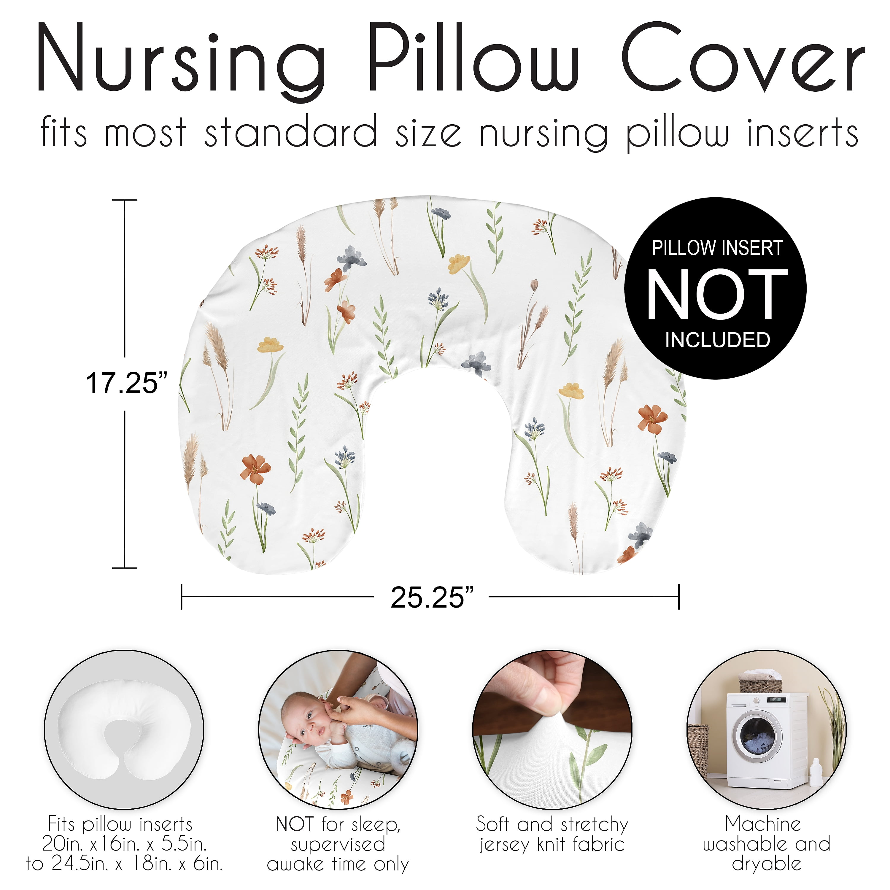 Sweet Jojo Designs Watercolor Floral Garden Sage Green Girl Nursing Pillow Cover Case (Pillow Not Included)