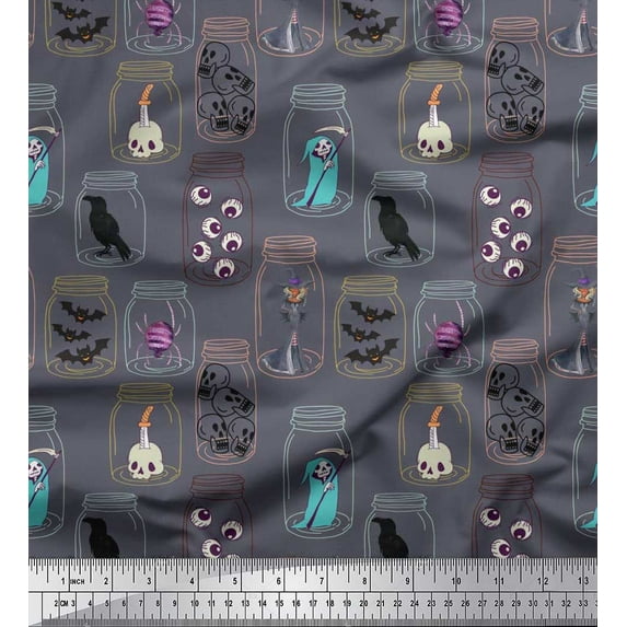 Soimoi Modal Satin Fabric Ghost,Skull & Witch Halloween Print Fabric by The Yard 42 Inch Wide