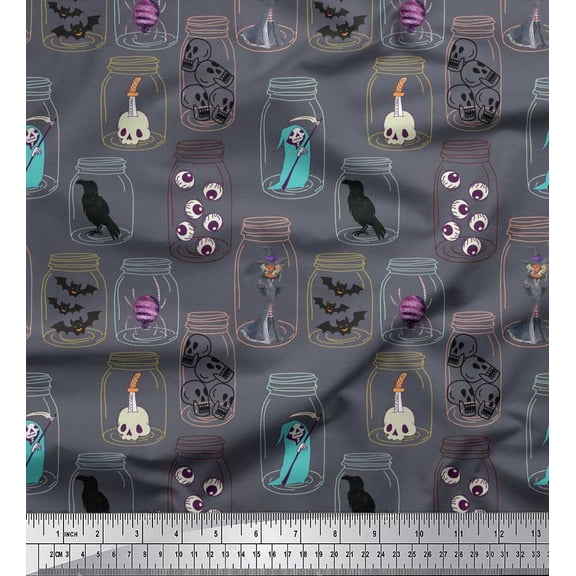 Soimoi Cotton Duck Fabric Ghost,Skull & Witch Halloween Print Sewing Fabric Yard 42 Inch Wide
