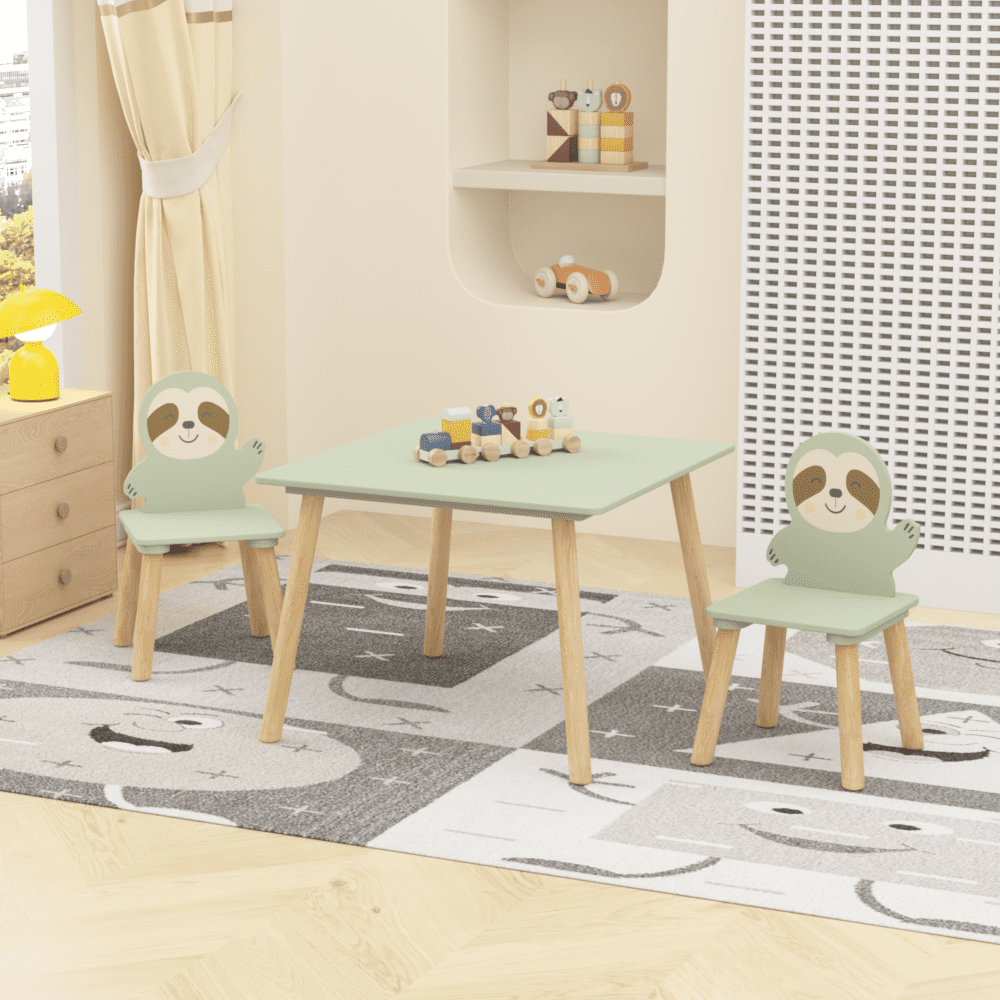Kids Table and Chair Set with 2 Cute Sloth Chairs, Wooden Toddler Activity Table, Cute Animal Design Play & Study Set for Playroom, Bedroom, Classroom – Sage Green