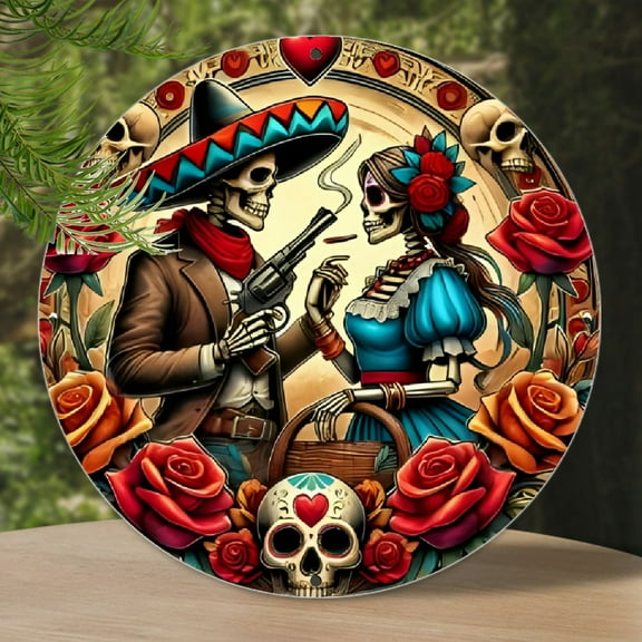 1pc Mexican Day of the Dead and Halloween Art, Vintage Style Aluminum Round Decorative Plaque, Full of Life Skull Head, Simple Multi-purpose Home Decor Sign, Wall and Window Hanging, Room