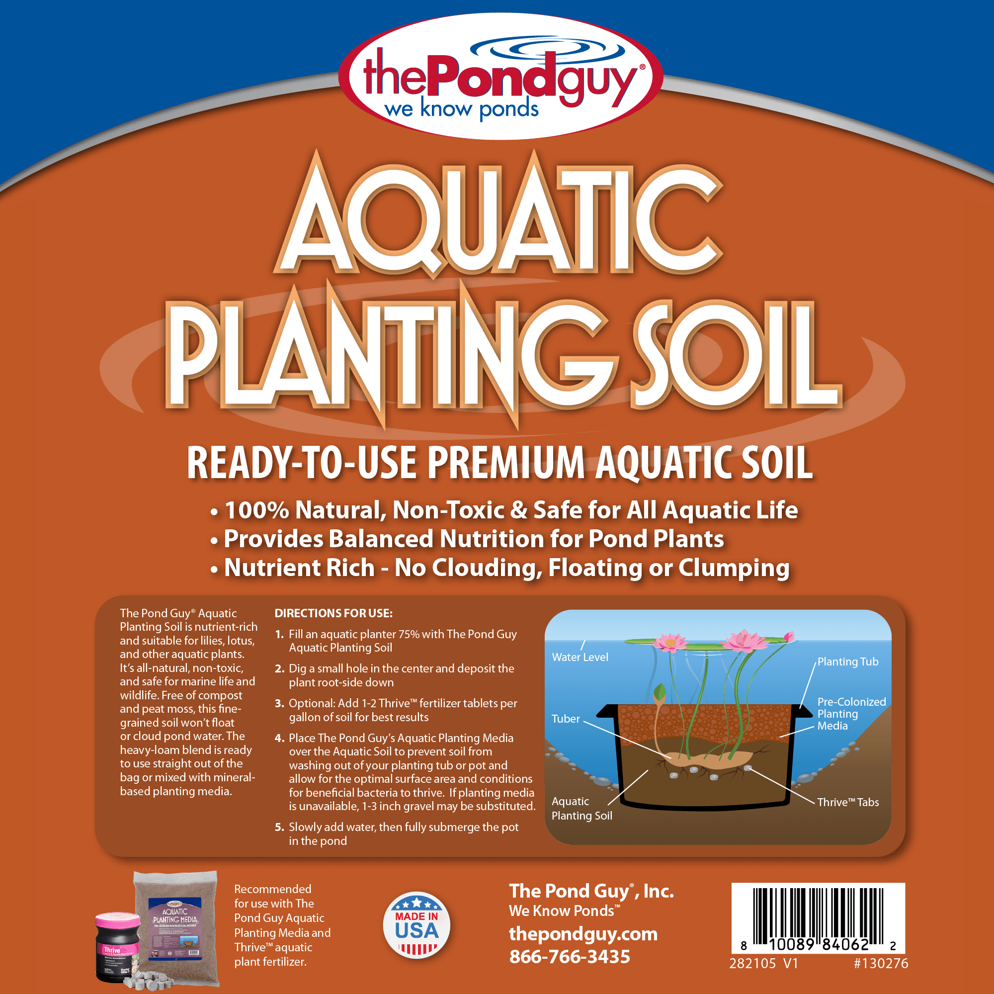 The Pond Guy Planting Soil for Decorative Backyard Water Gardens & Patio Ponds, Premium Natural Plant Media for Aquatic Horticulture, 8 Quarts