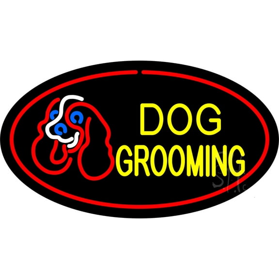 Dog Grooming Red Oval LED Neon Sign 13 x 24 - inches Black Square Cut Acrylic Backing, with Dimmer - Premium built indoor Sign for Club, Home décor, Event, Workshop, Storefront.
