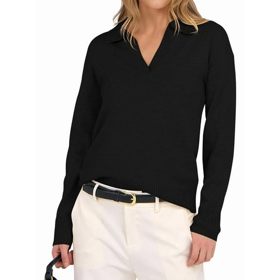 Women'S V Neck Long Sleeve Sweaters Dressy Casual Business Basic Knit Pullover Top Black XL