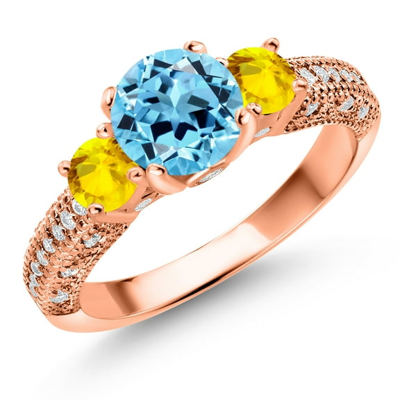 Gem Stone King 18K Rose Gold Plated Silver Swiss Blue Topaz Yellow Sapphire and White Moissanite Engagement Ring for Women (2.45 Cttw, Gemstone November Birthstone, Round 7MM and 4MM, Size 5)