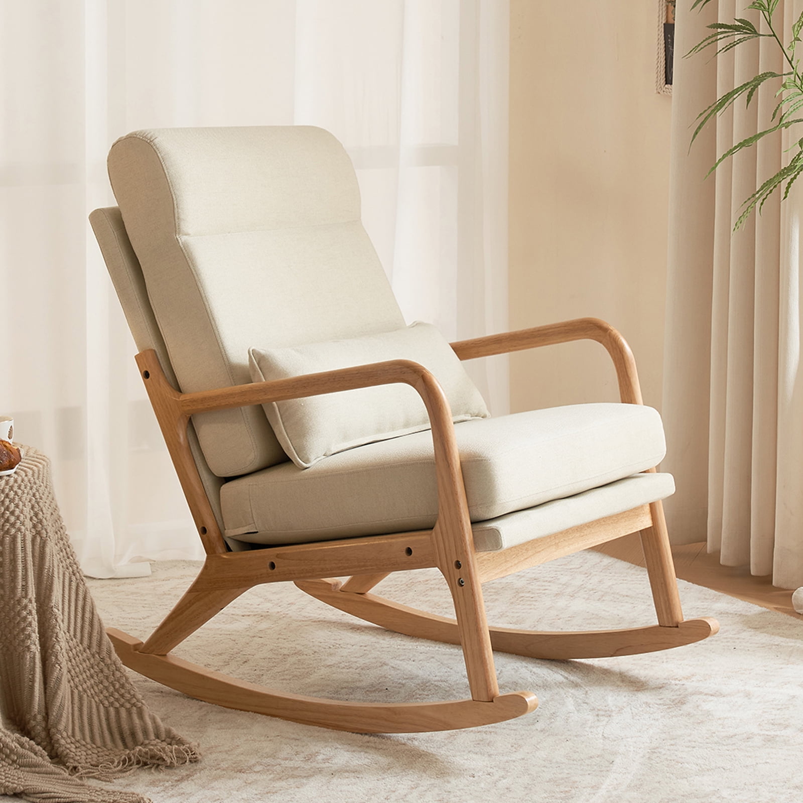 UWR-Nite Rocking Chair Nursery, 25.2" High Backrest Mid-Century Rocking Chair with Wooden Armrest Upholstered Glider Rocker with Free Lumbar Pillow for Living Room