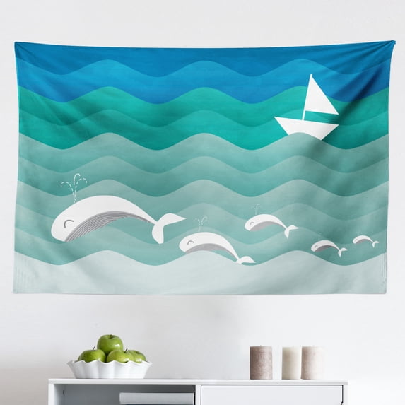 Nautical Tapestry, Nautical Underwater Wildlife Shark Boat Ships Navy Stormy Weather, Fabric Wall Hanging Decor for Bedroom Living Room Dorm, 2 Sizes, Blue Baby Blue, by Ambesonne
