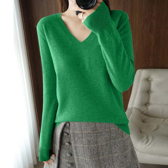 Women's Casual Long Sleeve V Neck Pullover Sweater Loose Fit Green Sweater Soft Women's Fall Sweaters