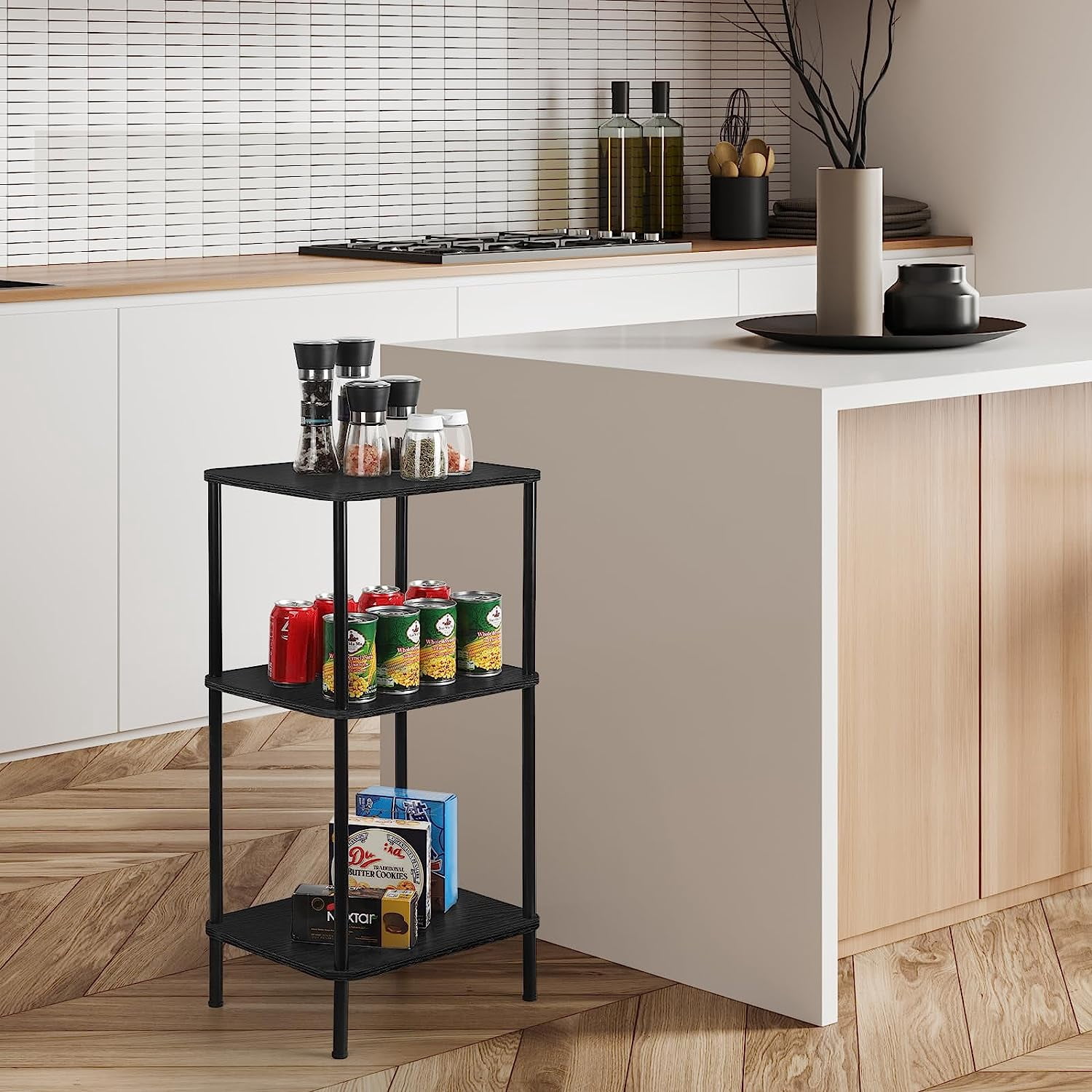 3-Tier End Table Round Edge Nightstand Side Table, Black