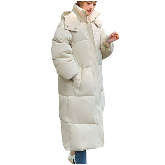 Besolor Women Long Quilted Coat Hooded Maxi Length Long Sleeve Puffer Jacket Padded Coat Winter Thick Warm Outerwear