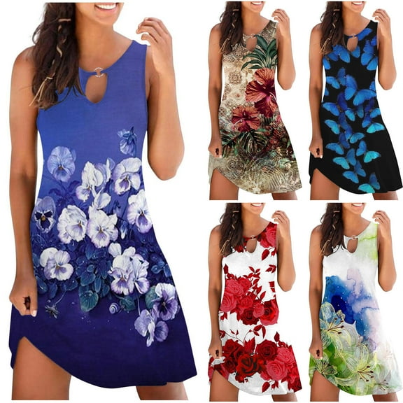 Azrian Womens Plus Size Dresses Casual Loose Summer Floral Printed Tank Hollow Out Beach Sundress Sleeveless Dresse