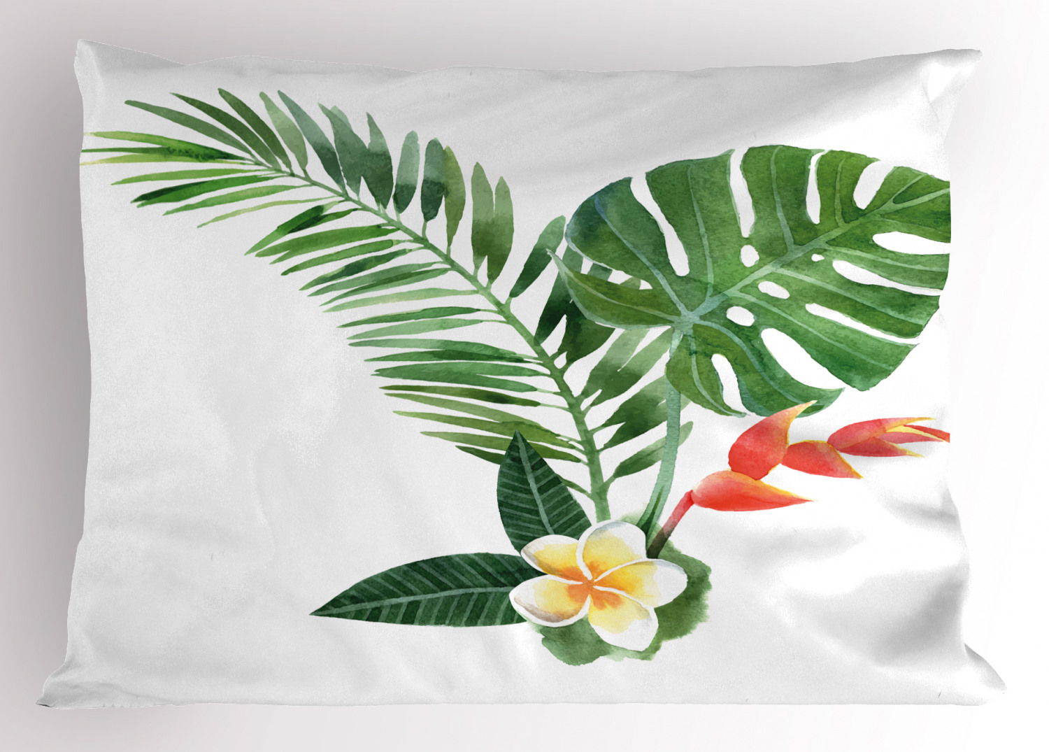 Plant Pillow Sham Beautiful Frangipani Blooming on Tropical Fern Exotic Art Watercolor, Decorative Standard Queen Size Printed Pillowcase, 30 X 20 Inches, Scarlet Fern Green Marigold, by Ambesonne - image 1 of 2