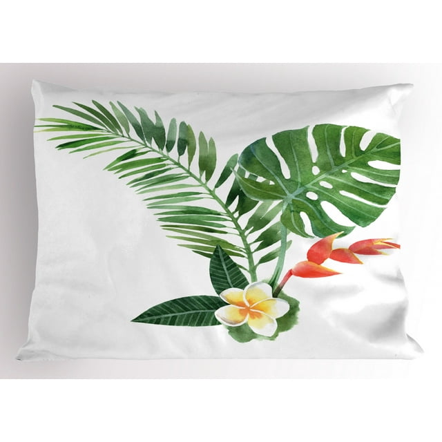 Plant Pillow Sham Beautiful Frangipani Blooming on Tropical Fern Exotic Art Watercolor, Decorative Standard Queen Size Printed Pillowcase, 30 X 20 Inches, Scarlet Fern Green Marigold, by Ambesonne