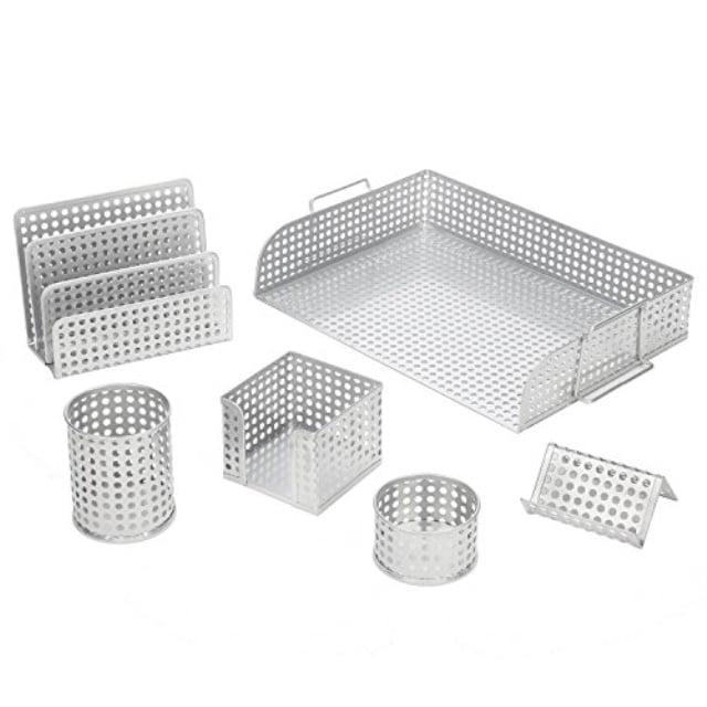Punched Metal Business Card Holder Silver Letter sorter Desk Organizer 6 piece Set Includes Letter Tray Pencil Cup Memo Holder and Clip Tray