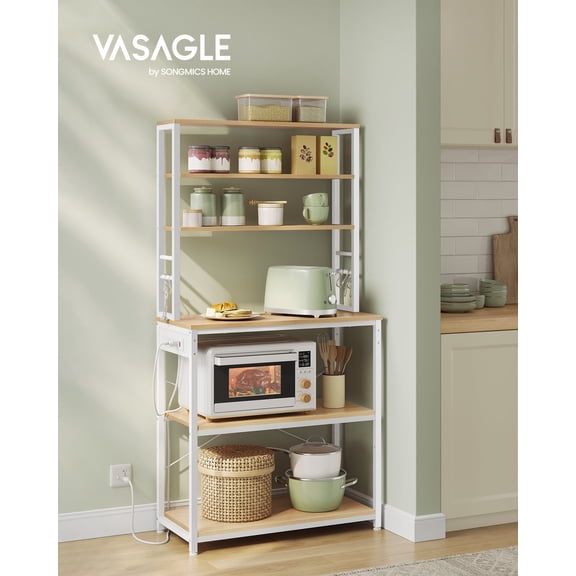 Golden Oak & White Bakers Rack - 31.5 - Inch Coffee Bar with Power Outlet. 6 - Tier Kitchen Shelves with 6 Hooks, Perfect as Microwave Stand