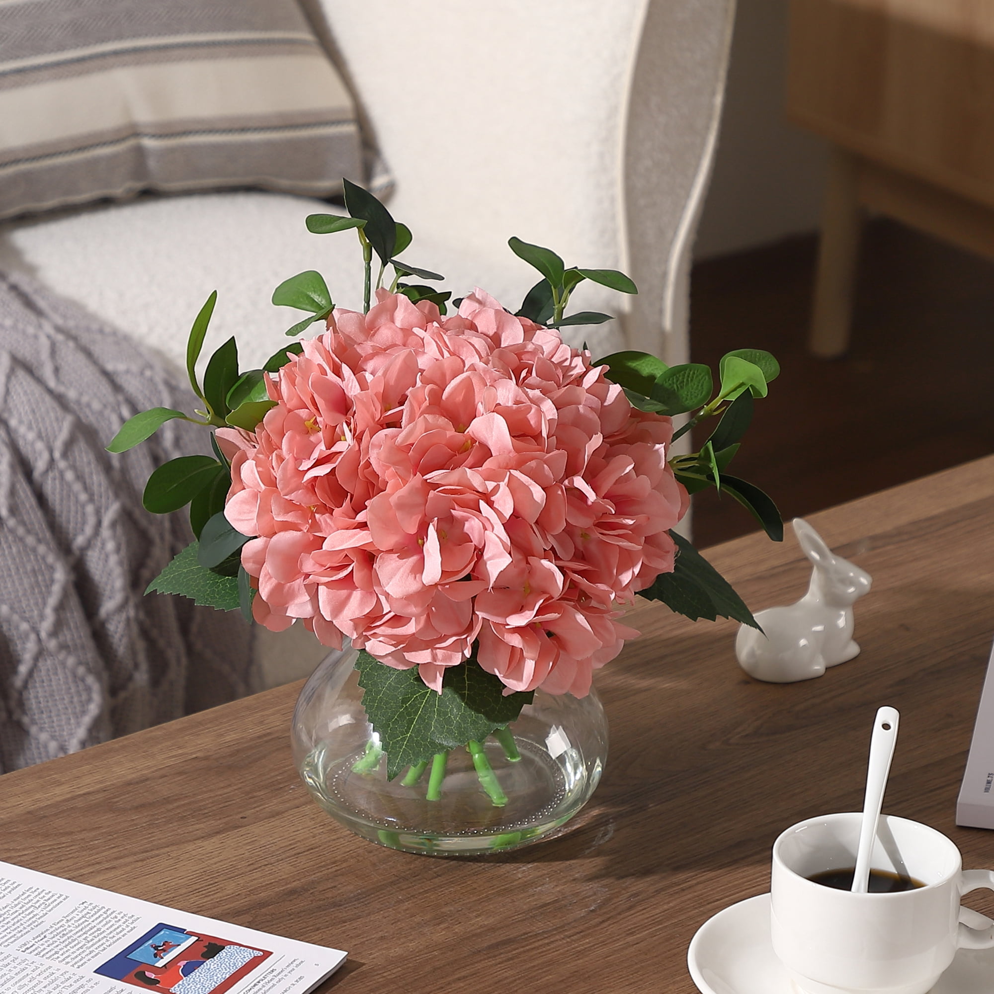Realistic Silk Hydrangea Artificial Flowers in Glass Vase with Faux Water – Elegant Home Decor, Wedding, and Table Centerpiece Arrangement,Pink
