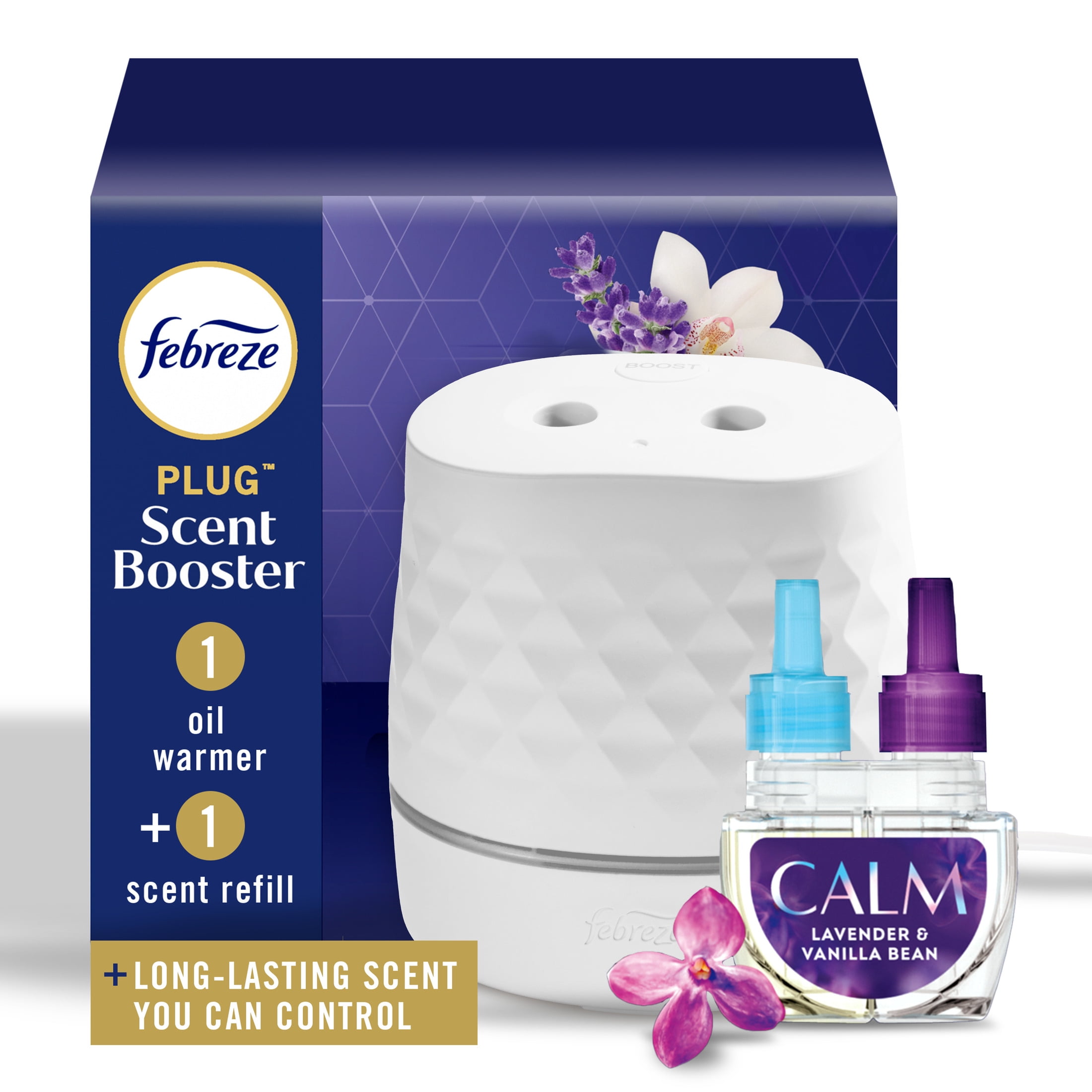 (2 pack) Febreze Plug Scent Booster, Air Freshener, Scented Oil Diffuser, Downy Calm, Starter Kit + 1 Refill
