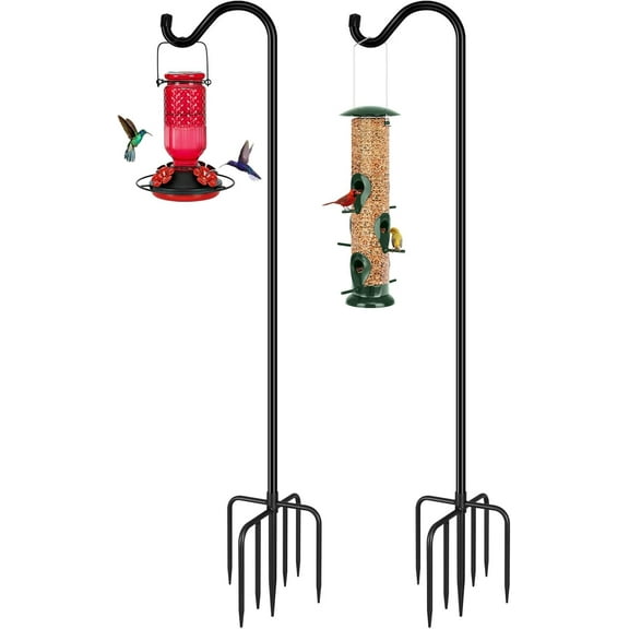 Adjustable height heavy-duty shepherd hook for outdoor bird feeder poles, used for hanging plant baskets, solar lights, wedding decorations, lanterns, black