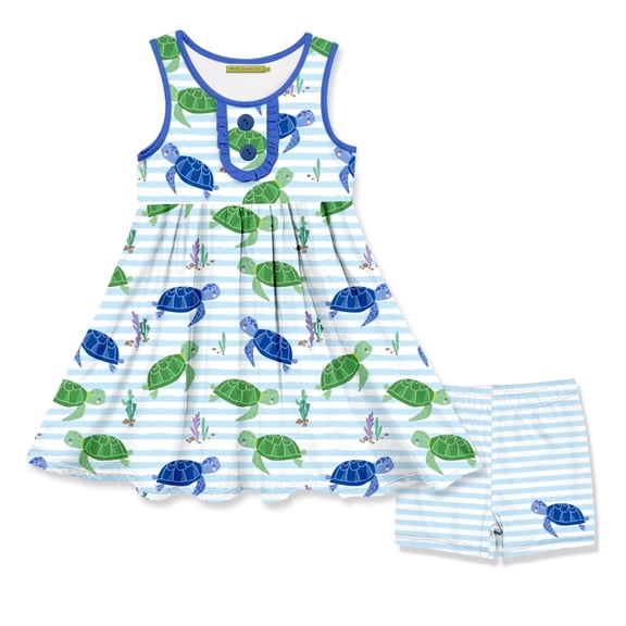 Millie Loves Lily Girls Blue and Green Turtle Print Dress and Short Set, Big Girls, Size 6,2-PCS